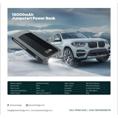 Powerology 16000Mah Jumpstart Power Bank - Black